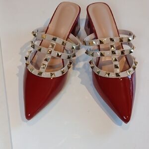 👠✨ Studded Mule Heels Designer Inspired Red Beige Gold NWT Rockstud Slip Ons 38